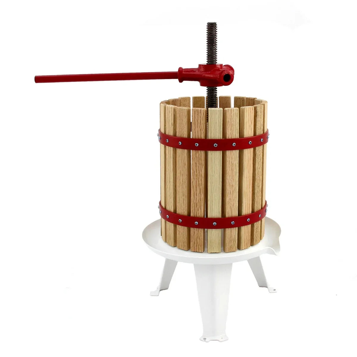 KuKoo 18 Litre Fruit Press with wooden slats, red metal accents, and a sturdy white base, ideal for juicing fruits at home