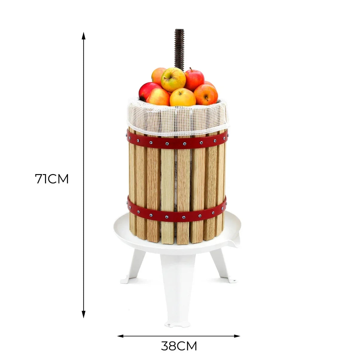 KuKoo 18 Litre Fruit Press with a wooden barrel, red metal bands, and a white base, filled with fresh apples ready for juicing