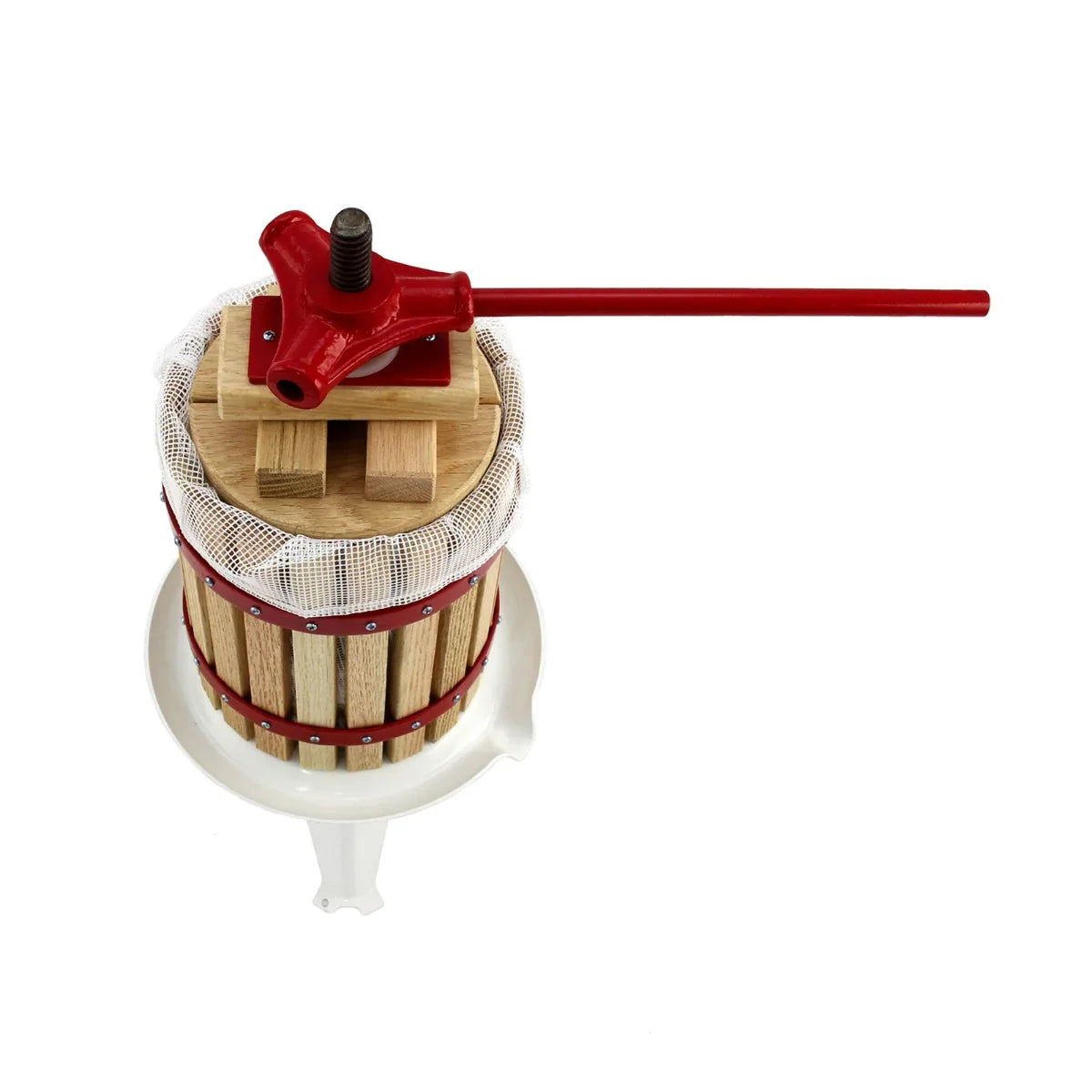 KuKoo 18 Litre Fruit Press with a wooden barrel, red metal handle, and white base, designed for efficient fruit pressing