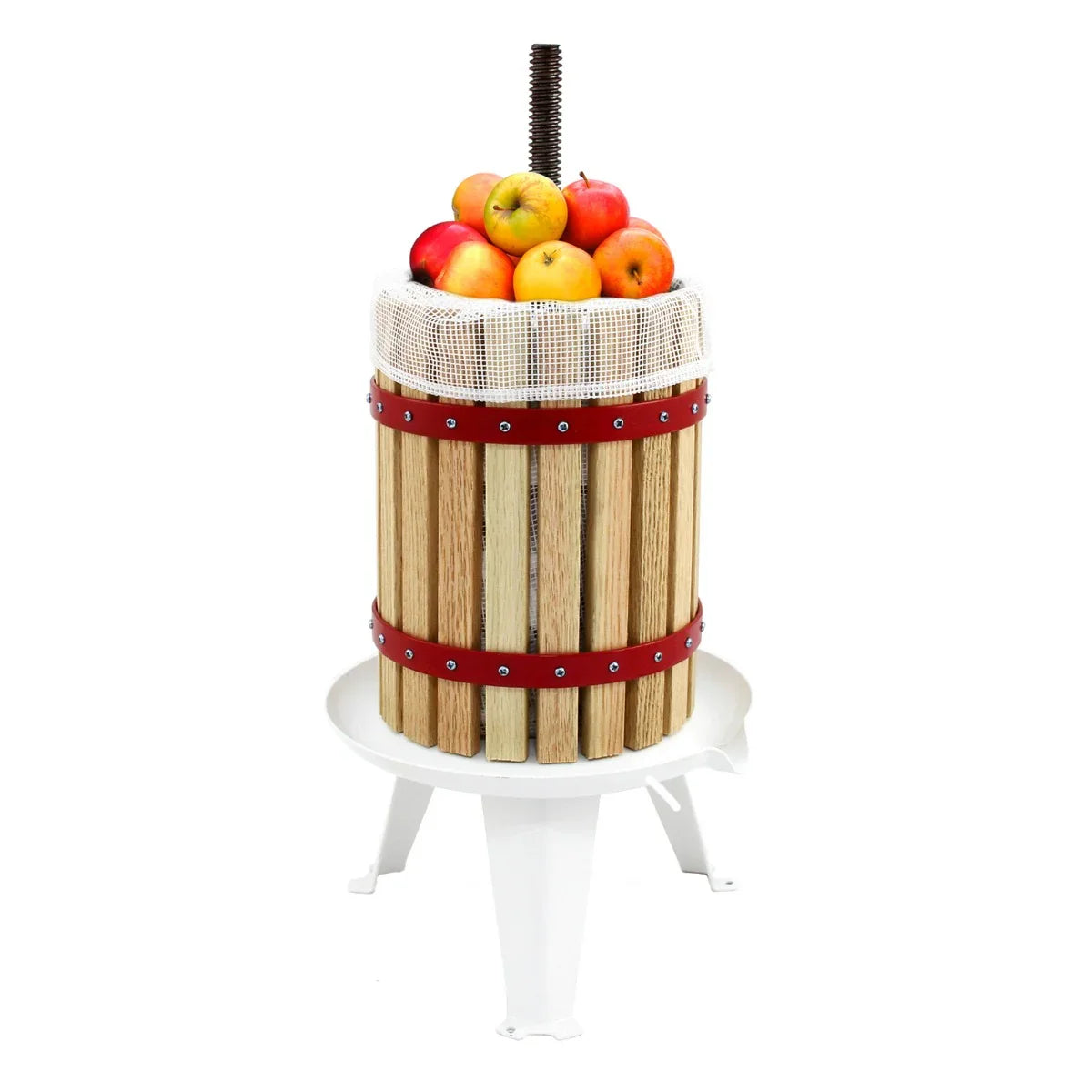 KuKoo 18 Litre Fruit Press with wooden slats, red metal bands, and a mesh top filled with fresh apples ready for juicing