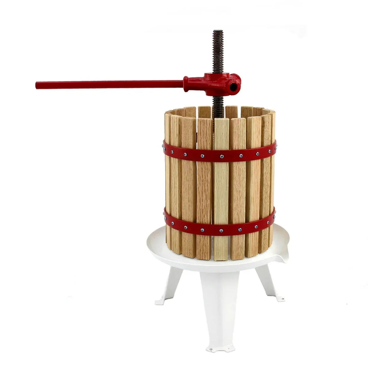 KuKoo 12 litre fruit press with wooden slats, red metal accents, and a sturdy white base for efficient juice extraction