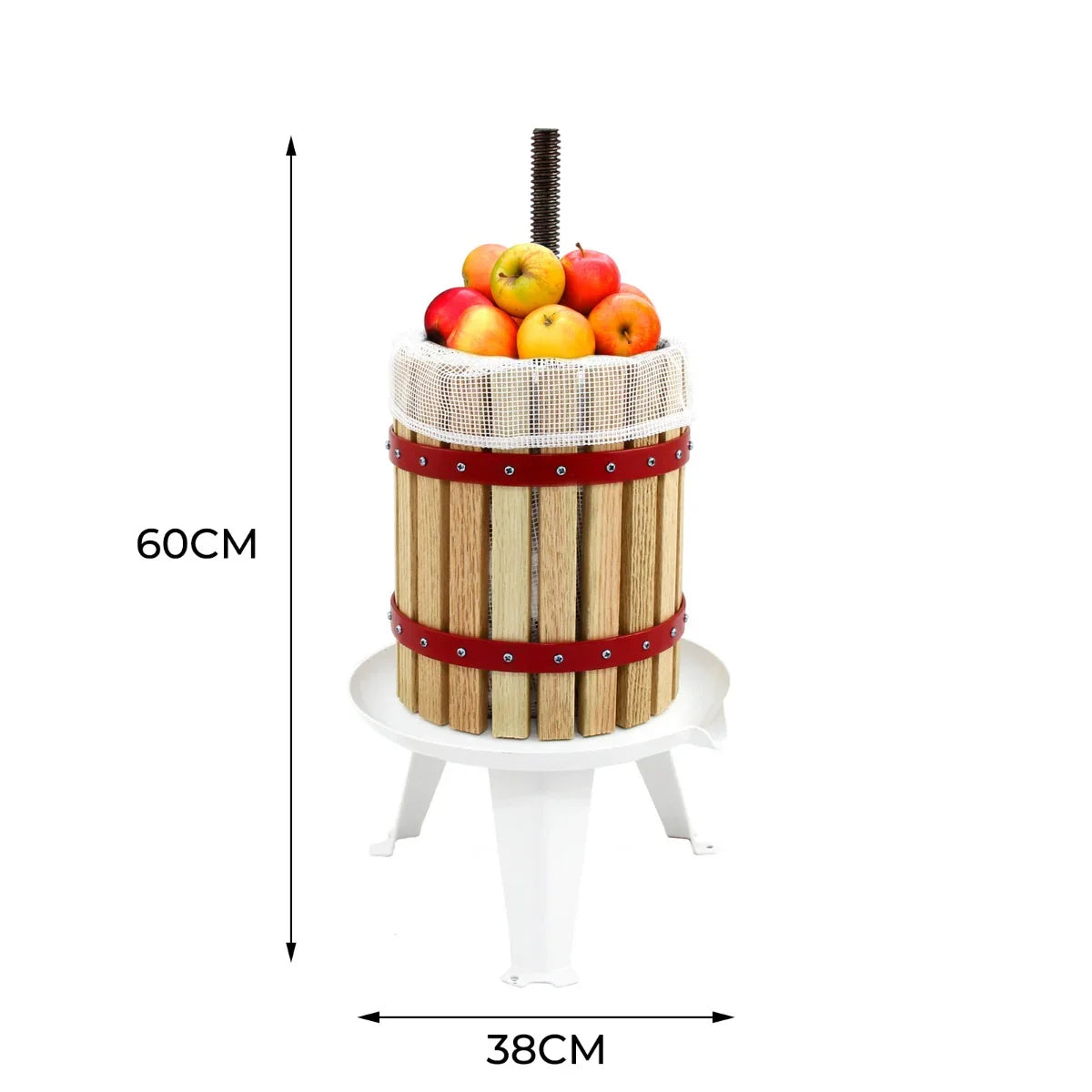 KuKoo 12 Litre Fruit Press with a wooden barrel, red accents, and a mesh top filled with fresh apples, standing on a white base