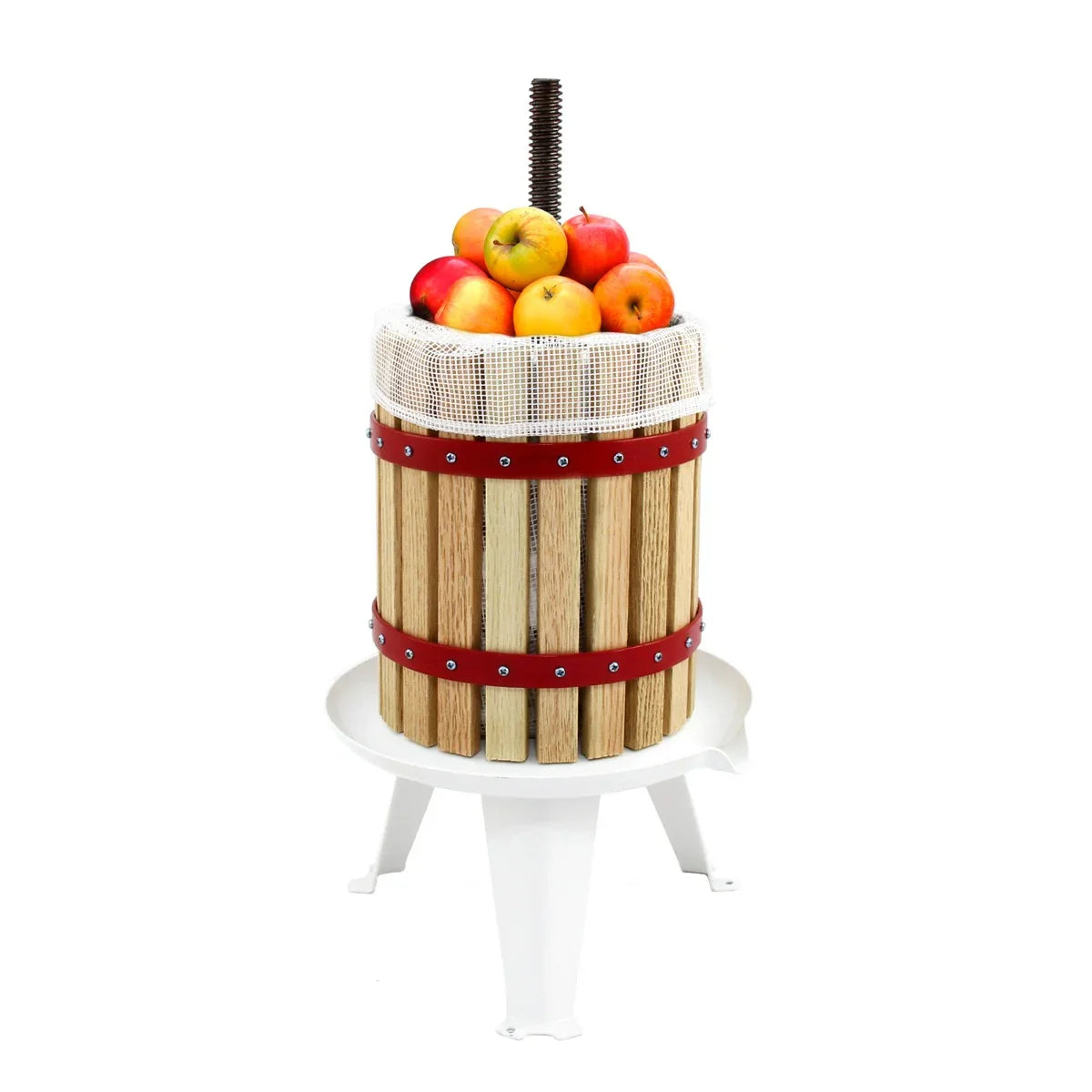 KuKoo 12 Litre Fruit Press with wooden slats, red metal bands, and a mesh top filled with fresh apples on a white base
