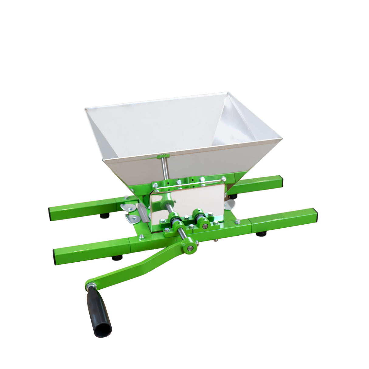 Green fruit crusher with a large stainless steel hopper, sturdy metal frame, and a hand crank for easy operation, ideal for juicing