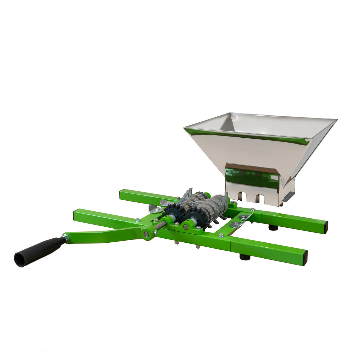 Green metal fruit crusher with a large white hopper, featuring a hand crank and sturdy rollers for efficient fruit processing