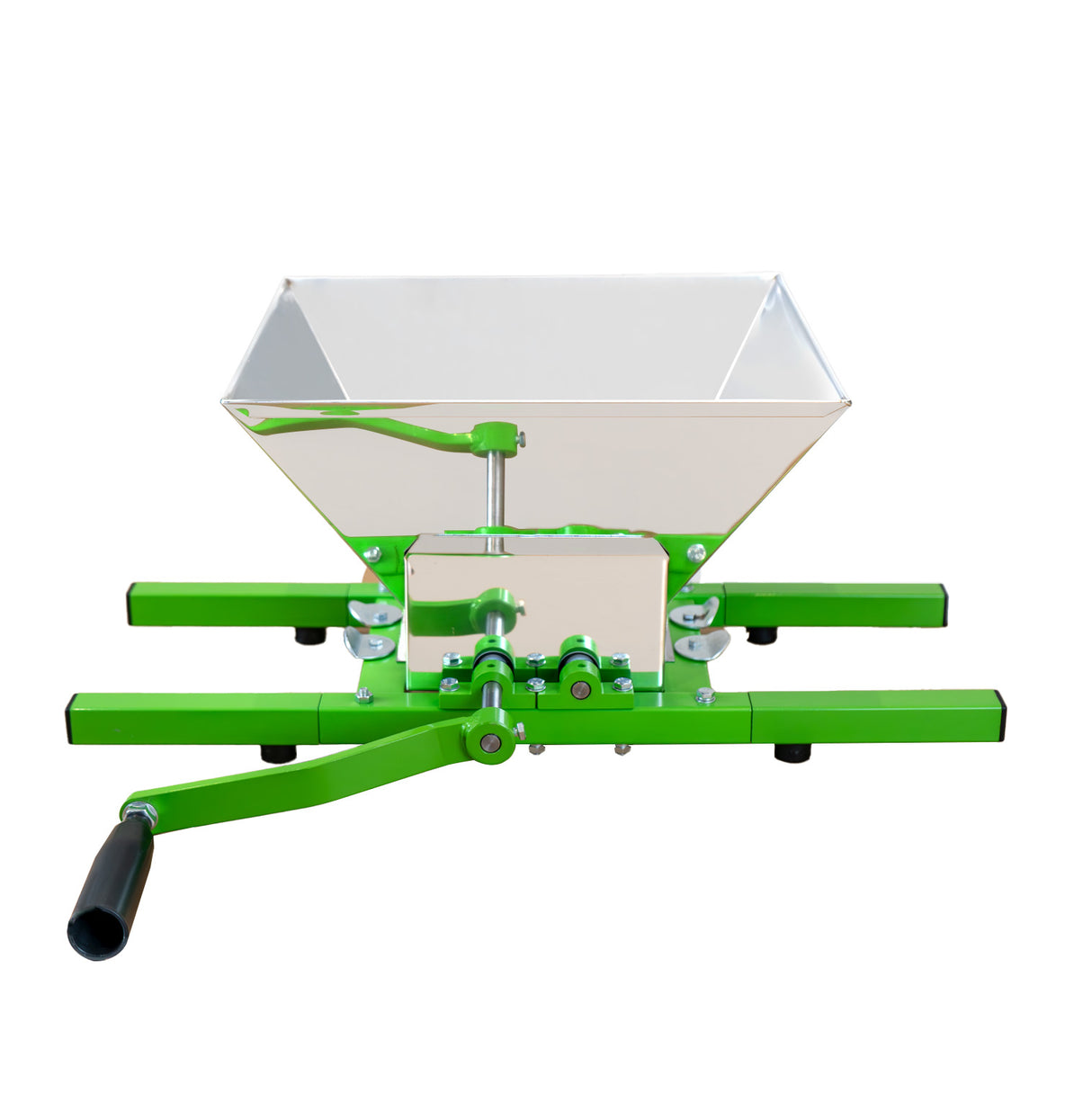 Sturdy green and silver fruit crusher with a large metal hopper and a manual crank, designed for efficient fruit processing