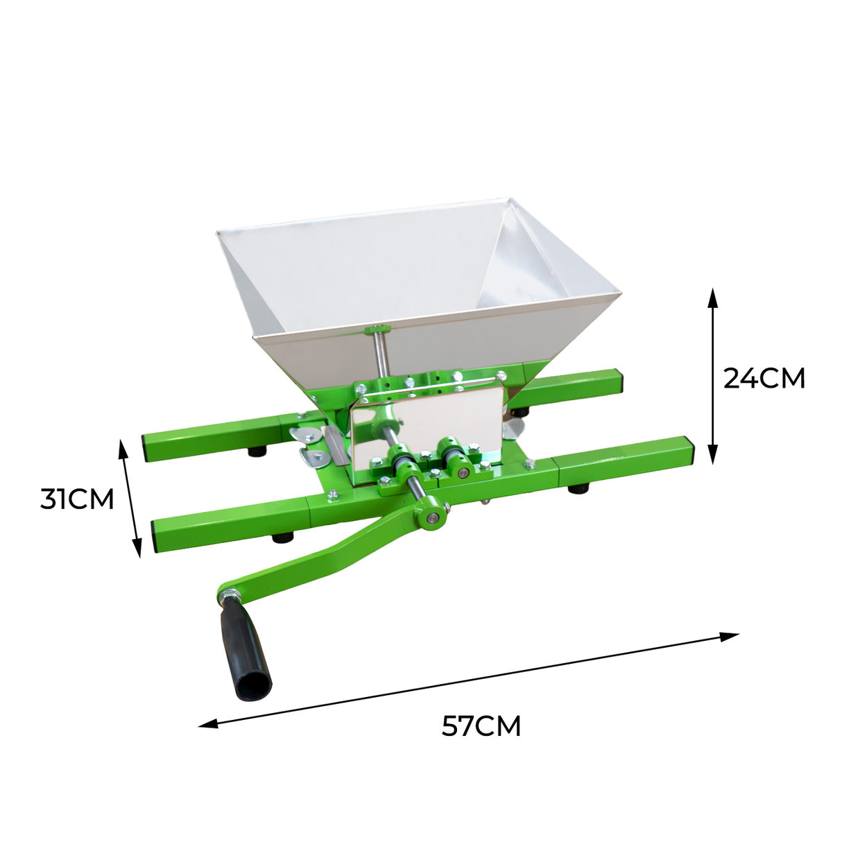Sturdy green fruit crusher with a large aluminum hopper, measuring 57cm wide, 31cm tall, and 24cm deep, ideal for juicing fruits