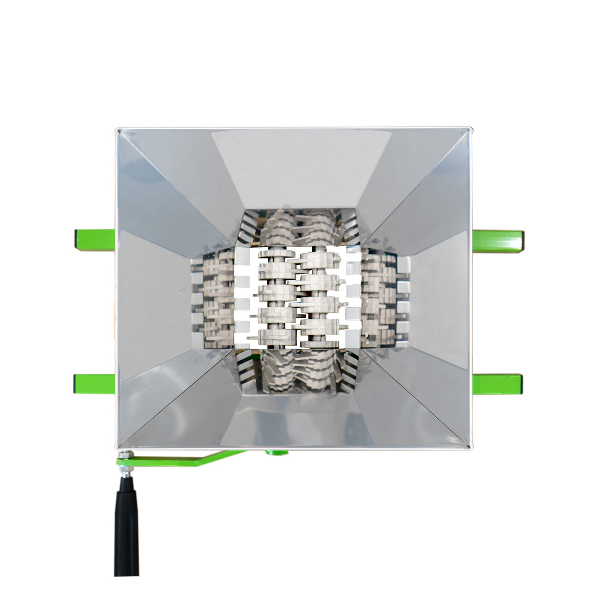 Stainless steel 7-litre fruit crusher with sharp, interlocking blades and a sturdy green handle for easy fruit processing
