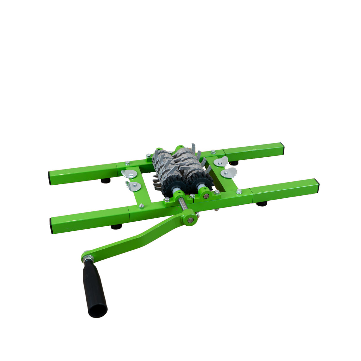 Green 7-litre fruit crusher with a sturdy metal frame, textured crushing rollers, and a hand crank for easy operation