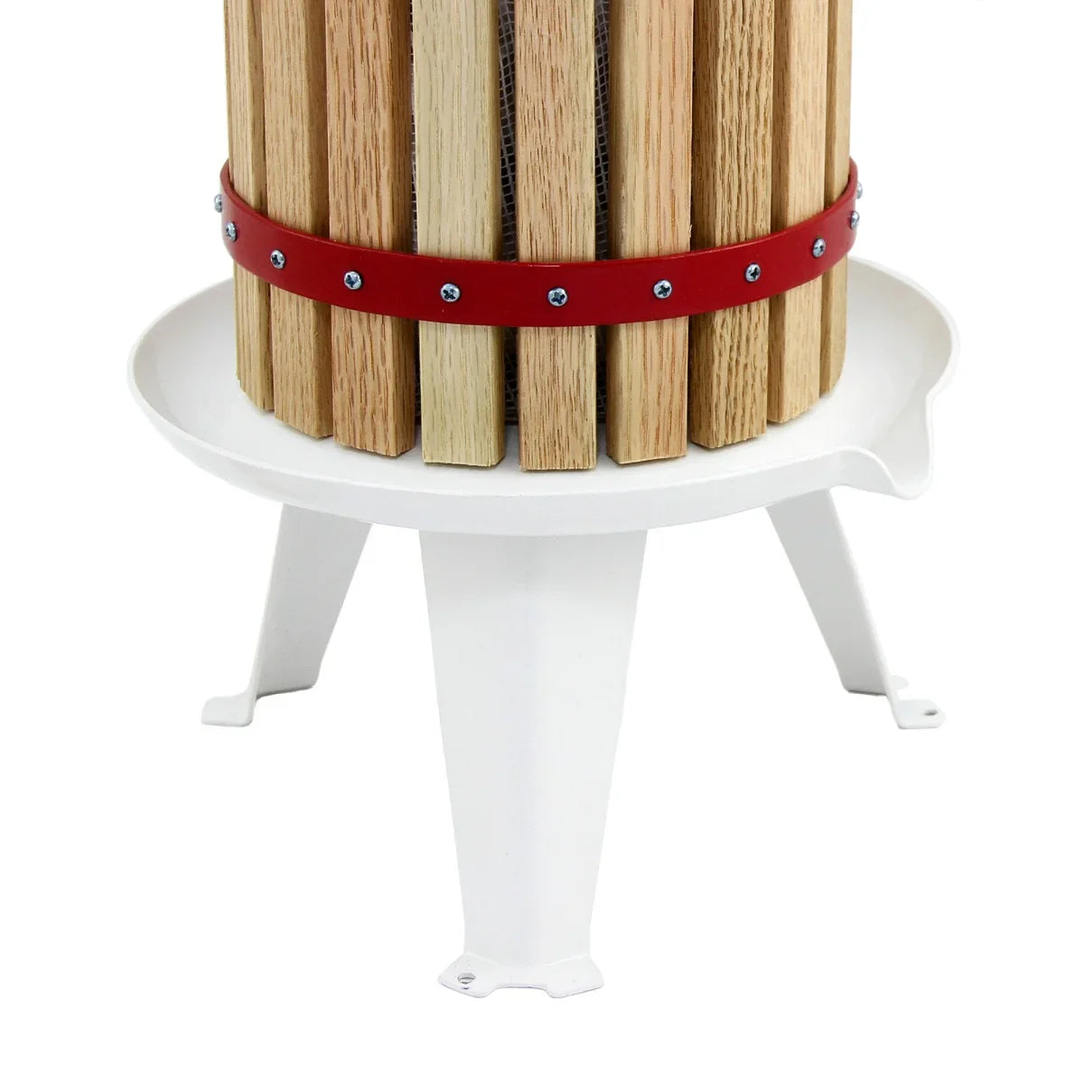 KuKoo fruit press with wooden slats, red metal band, and white base, designed for efficient fruit crushing and juicing