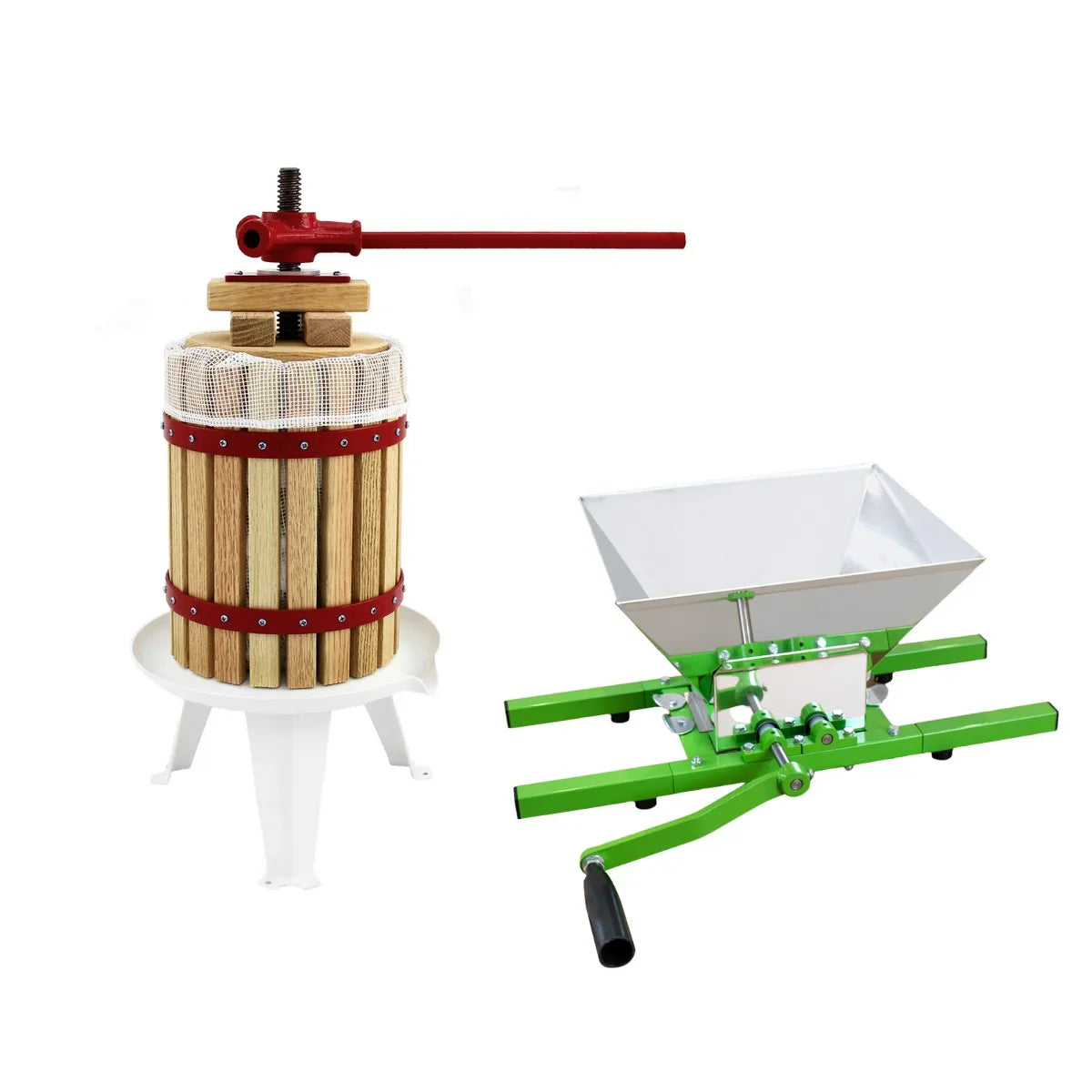 KuKoo fruit crusher with green metal frame and hand crank, paired with an 18-litre wooden fruit press featuring a red lever