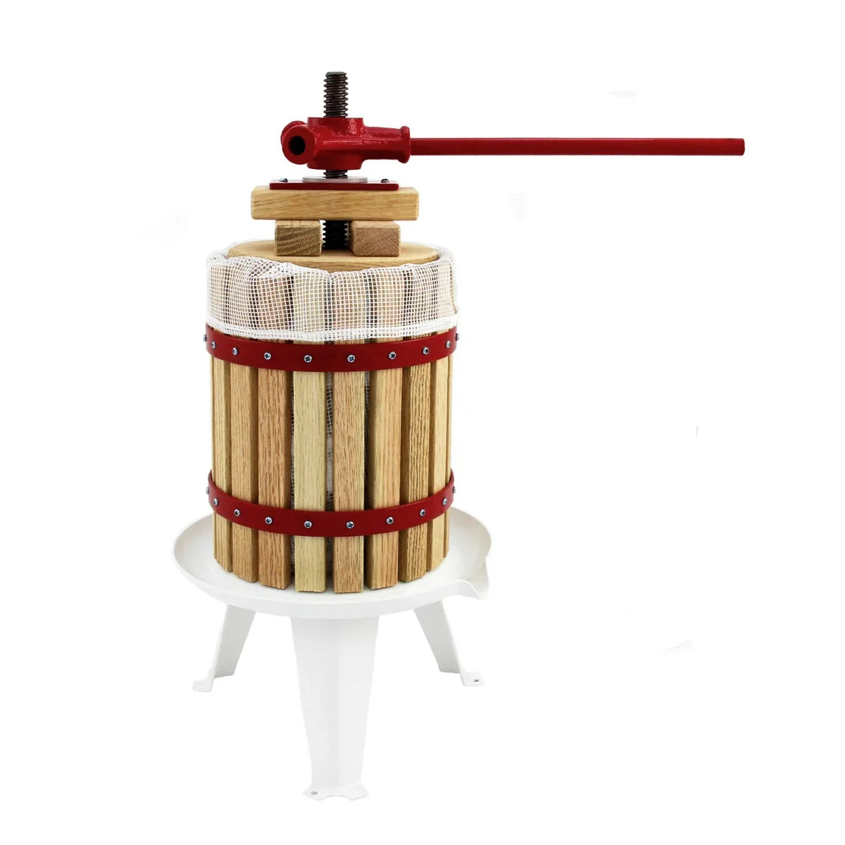 KuKoo fruit crusher with a wooden barrel, red metal press handle, and white base, designed for efficient fruit pressing and juicing