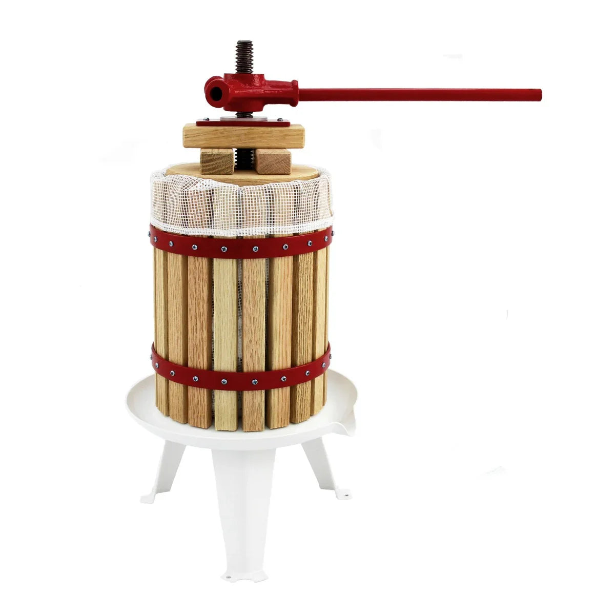 KuKoo fruit press with wooden slats, red metal accents, and a sturdy white base, designed for efficient fruit crushing and juicing