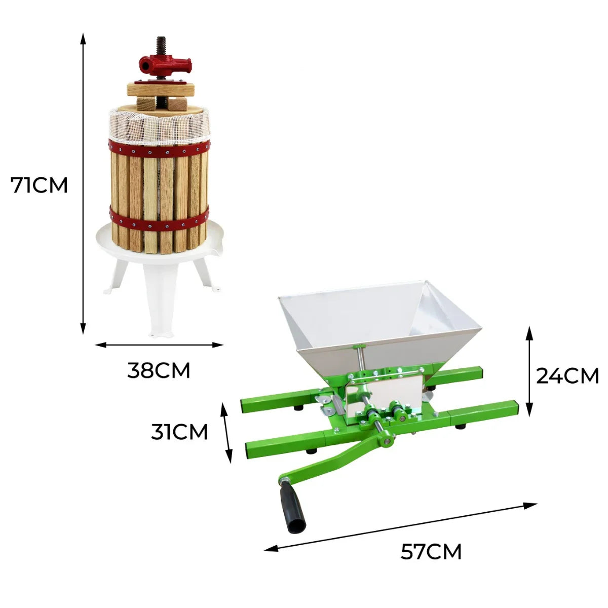 KuKoo Fruit Crusher and 18 Litre Fruit Press with wooden barrel, red accents, and green metal frame, ideal for juicing fruits