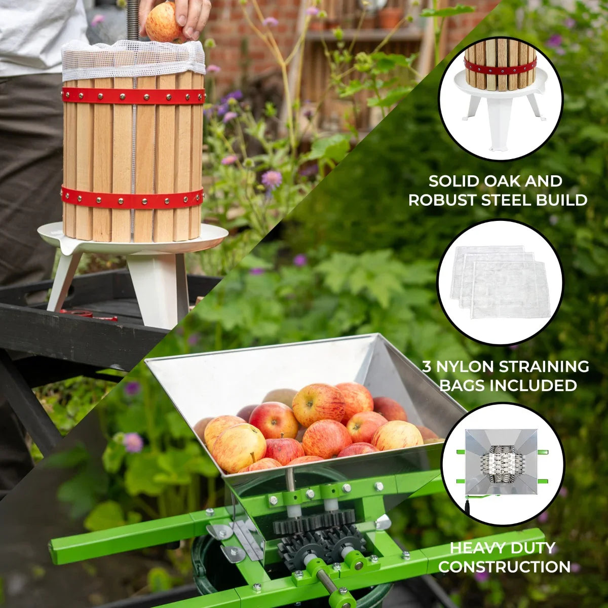 KuKoo Fruit Crusher with solid oak press, featuring a robust steel build, three nylon straining bags, and heavy-duty construction