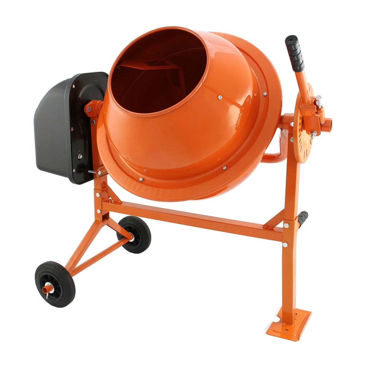 T-Mech Electric Cement Mixer in bright orange, 70-litre capacity, featuring a sturdy metal frame and easy-to-use controls on the side
