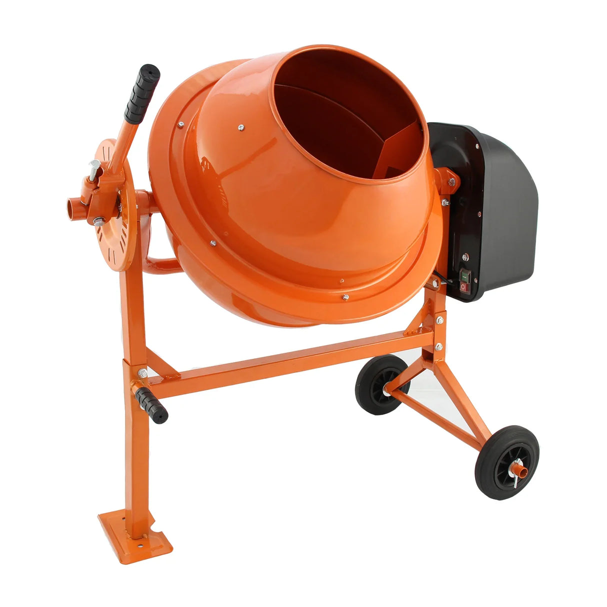 70L T-Mech electric cement mixer in bright orange, featuring a sturdy metal frame, large mixing drum, and two wheels for mobility