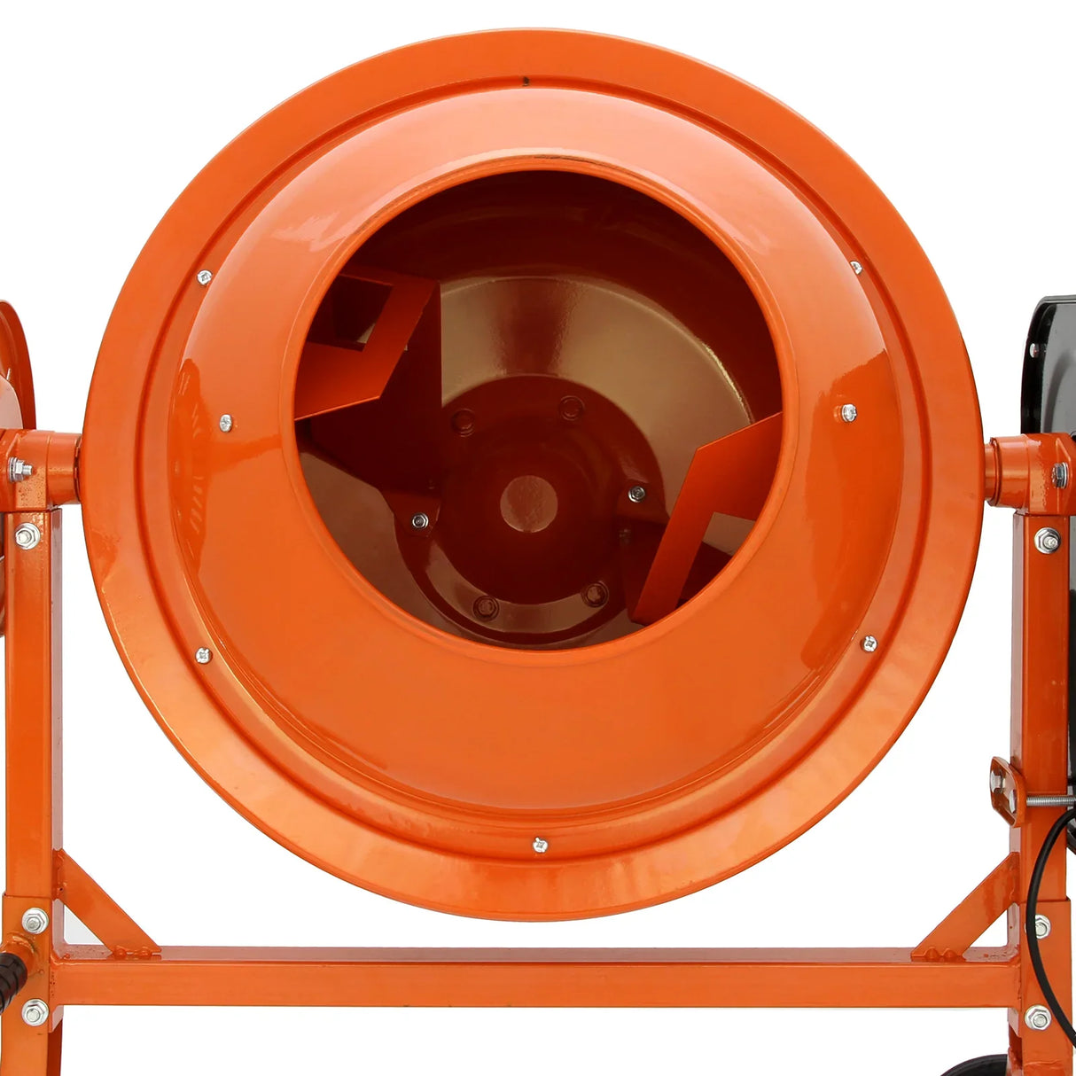 70L T-Mech electric cement mixer featuring a bright orange drum with mixing blades, designed for efficient concrete mixing and construction projects