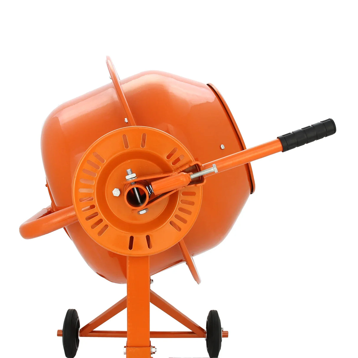 T-Mech 70 Litre electric cement mixer in bright orange, featuring a sturdy metal frame, large mixing drum, and easy-grip handle