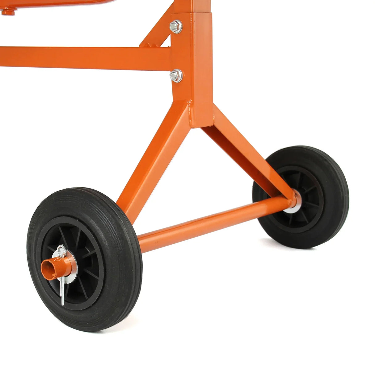 Close-up of the sturdy black wheels and orange frame of the 70L T-Mech Electric Cement Mixer, designed for easy mobility and stability