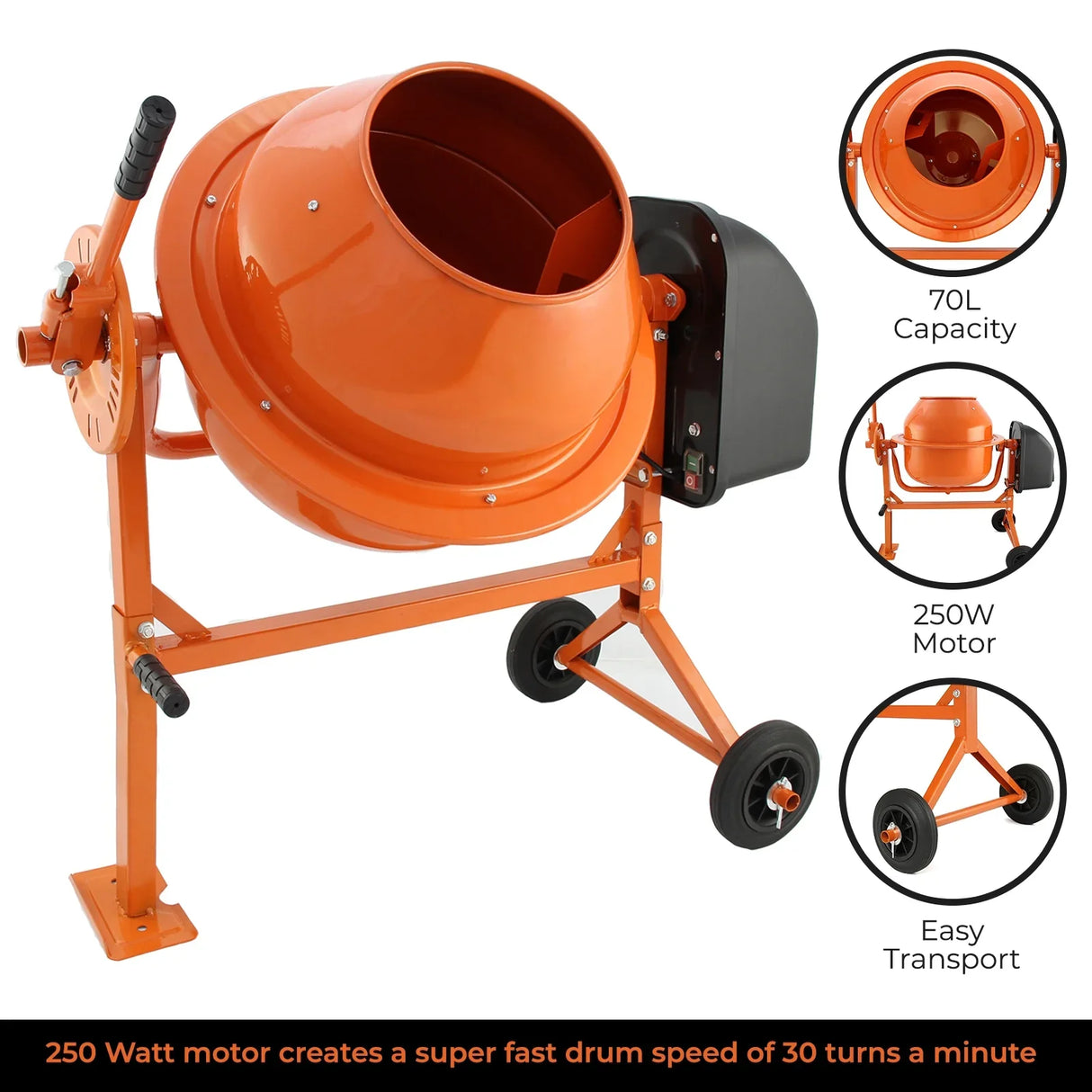 T-Mech Electric Cement Mixer in bright orange, 70-litre capacity, featuring a sturdy frame, easy transport wheels, and a powerful 250W motor