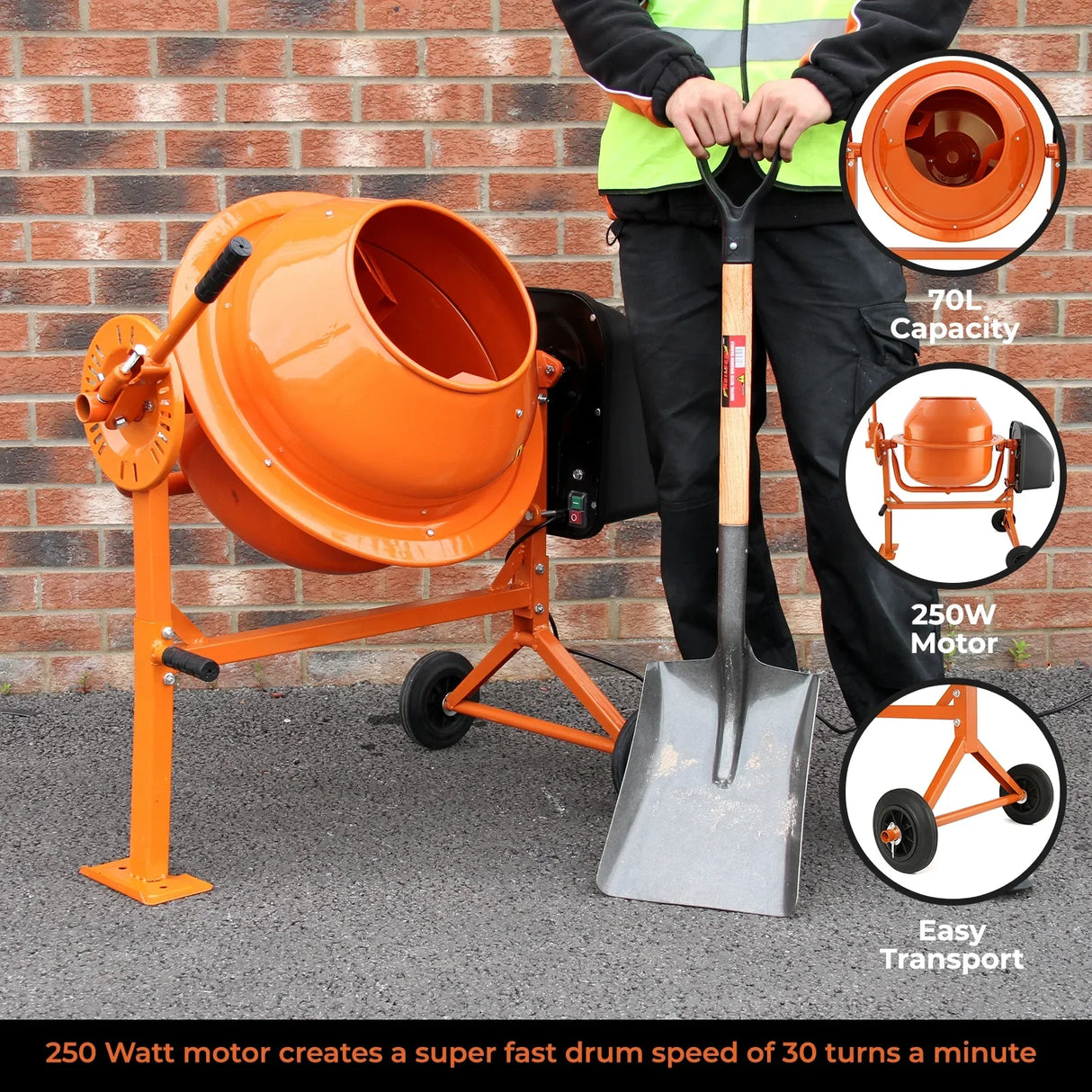 70L T-Mech electric cement mixer in bright orange with sturdy wheels, accompanied by a trowel, set against a brick background