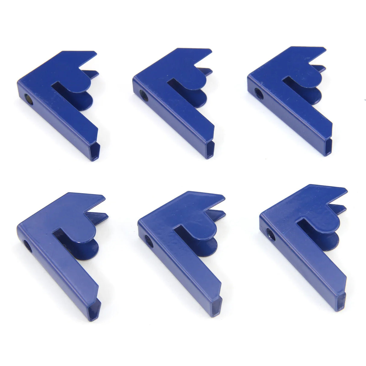 Blue T-Rax racking and bay connectors, set of six, featuring durable plastic construction and a unique angular design for secure shelving assembly