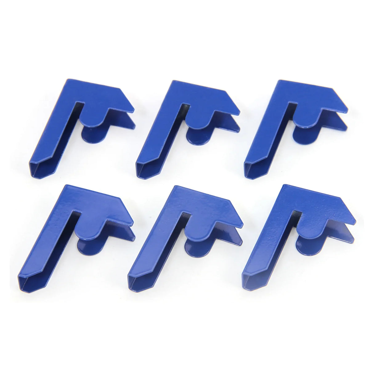 Blue Monster Racking T-Rax bay connectors, six durable plastic pieces designed for secure shelving assembly and stability