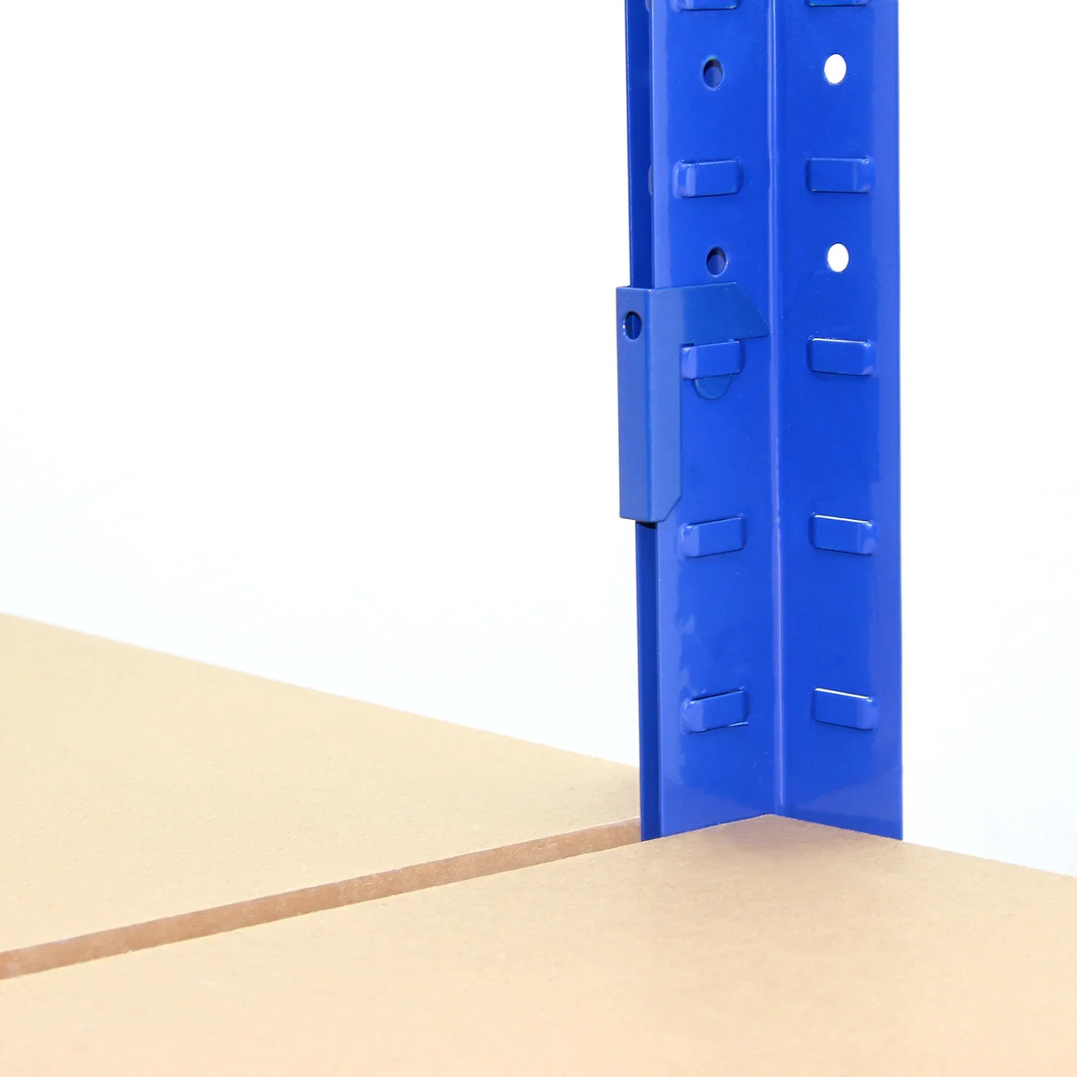 Blue Monster Racking T-Rax Bay Connector securely joins two shelving units, showcasing durable metal construction and precise fit