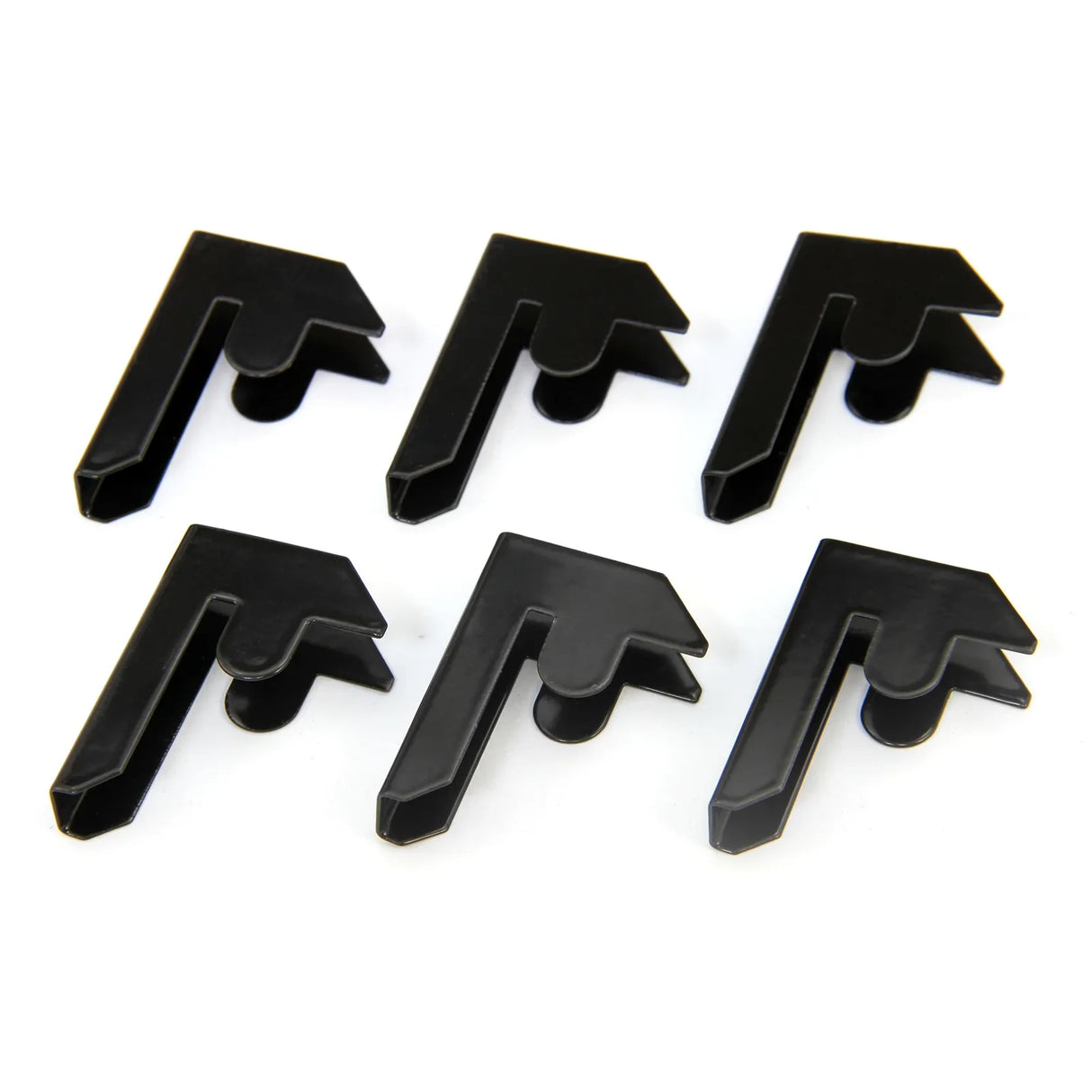 Black T-Rax garage shelving bay connector clips, pack of 6, featuring durable plastic construction and angled design for secure shelving assembly
