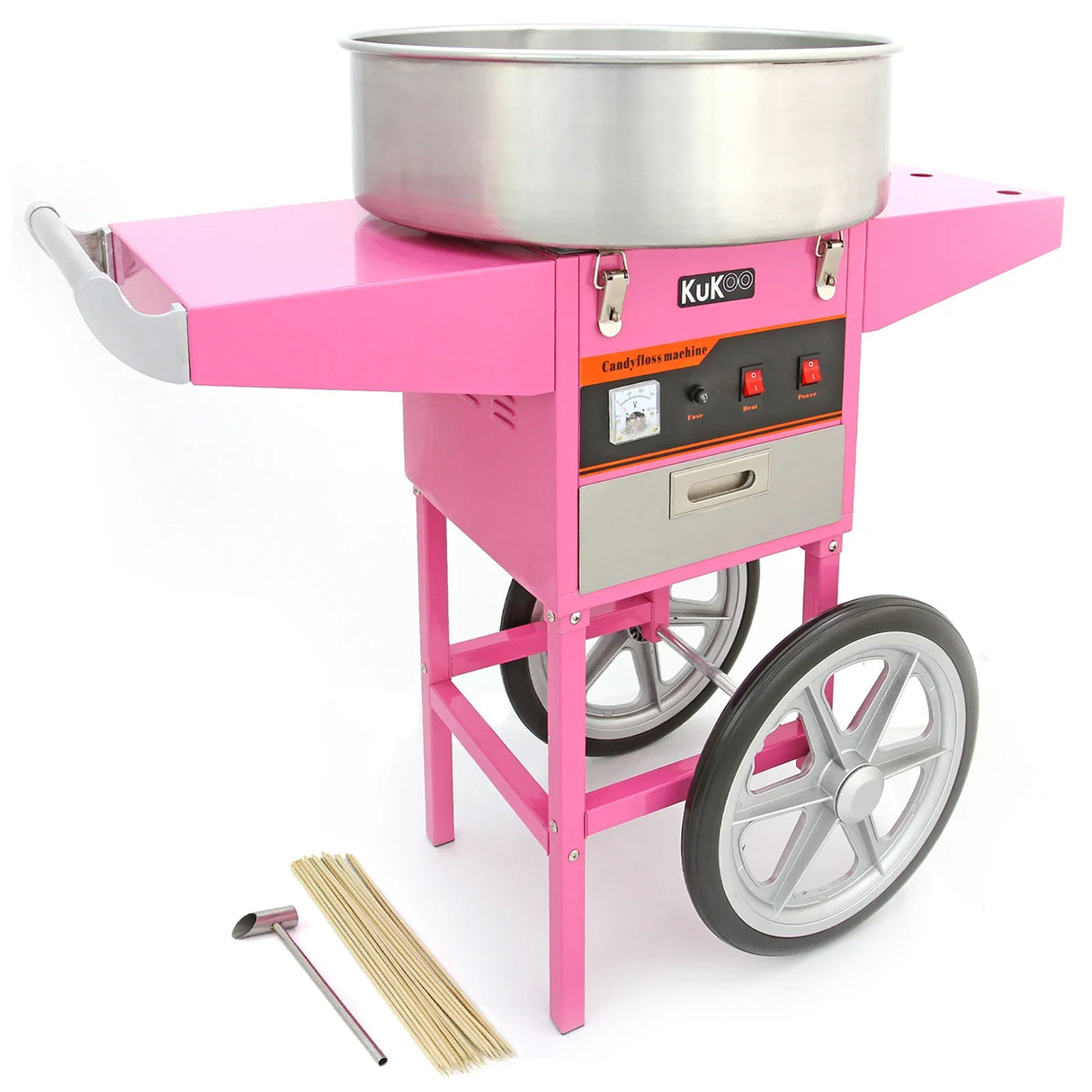 Bright pink KuKoo candy floss machine with stainless steel bowl, cart, and accessories, perfect for making fluffy cotton candy at events