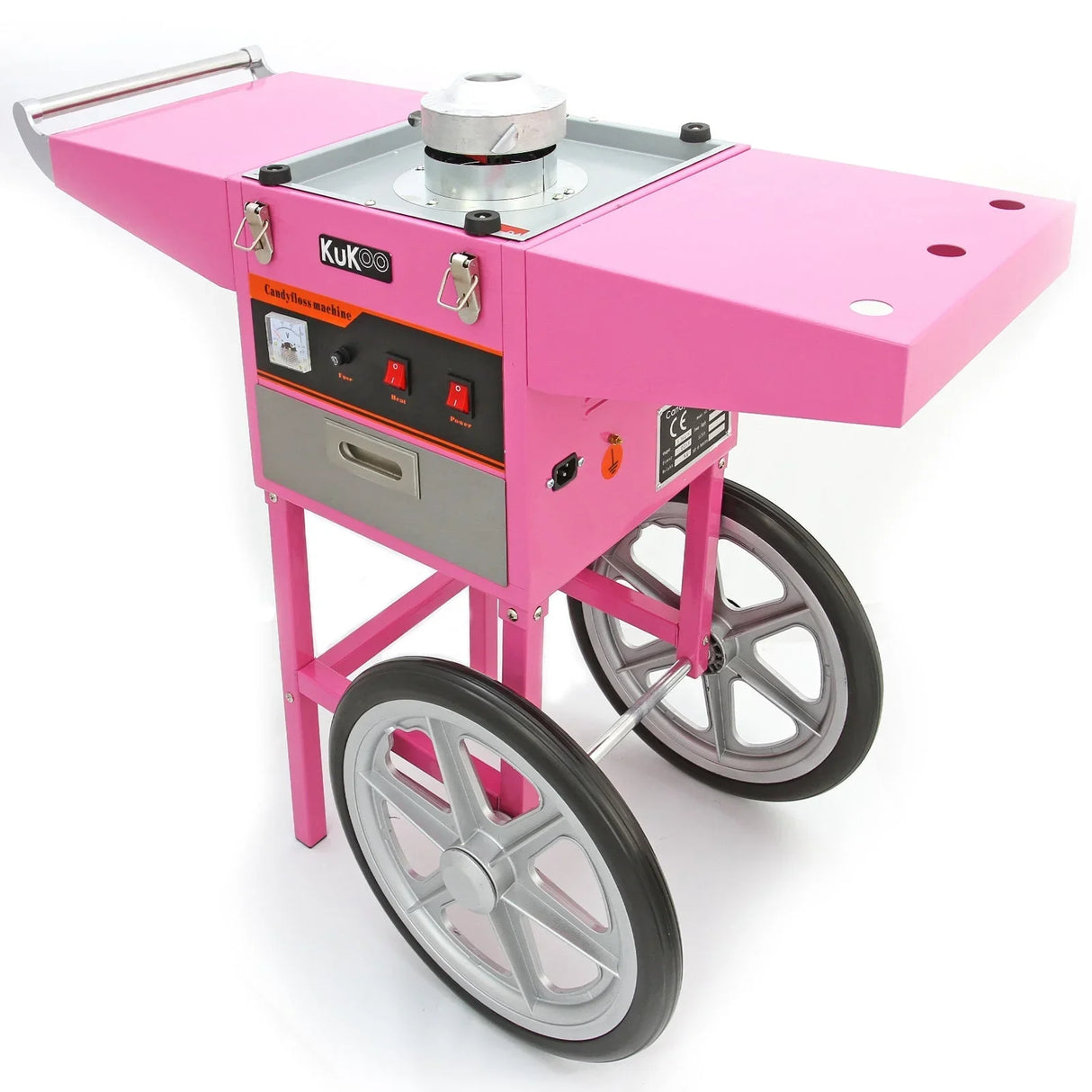 Bright pink KuKoo candy floss machine with cart, featuring a stainless steel bowl, control panel, and large wheels for mobility