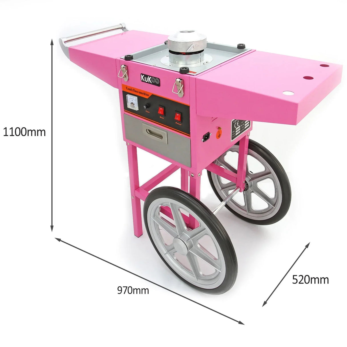 Bright pink KuKoo candy floss machine on a sturdy cart, featuring a stainless steel bowl, control panel, and large wheels for easy mobility