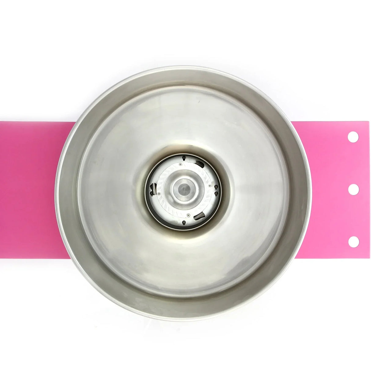 Stainless steel bowl of the KuKoo Candy Floss Machine, featuring a smooth surface and a vibrant pink cart base for easy mobility