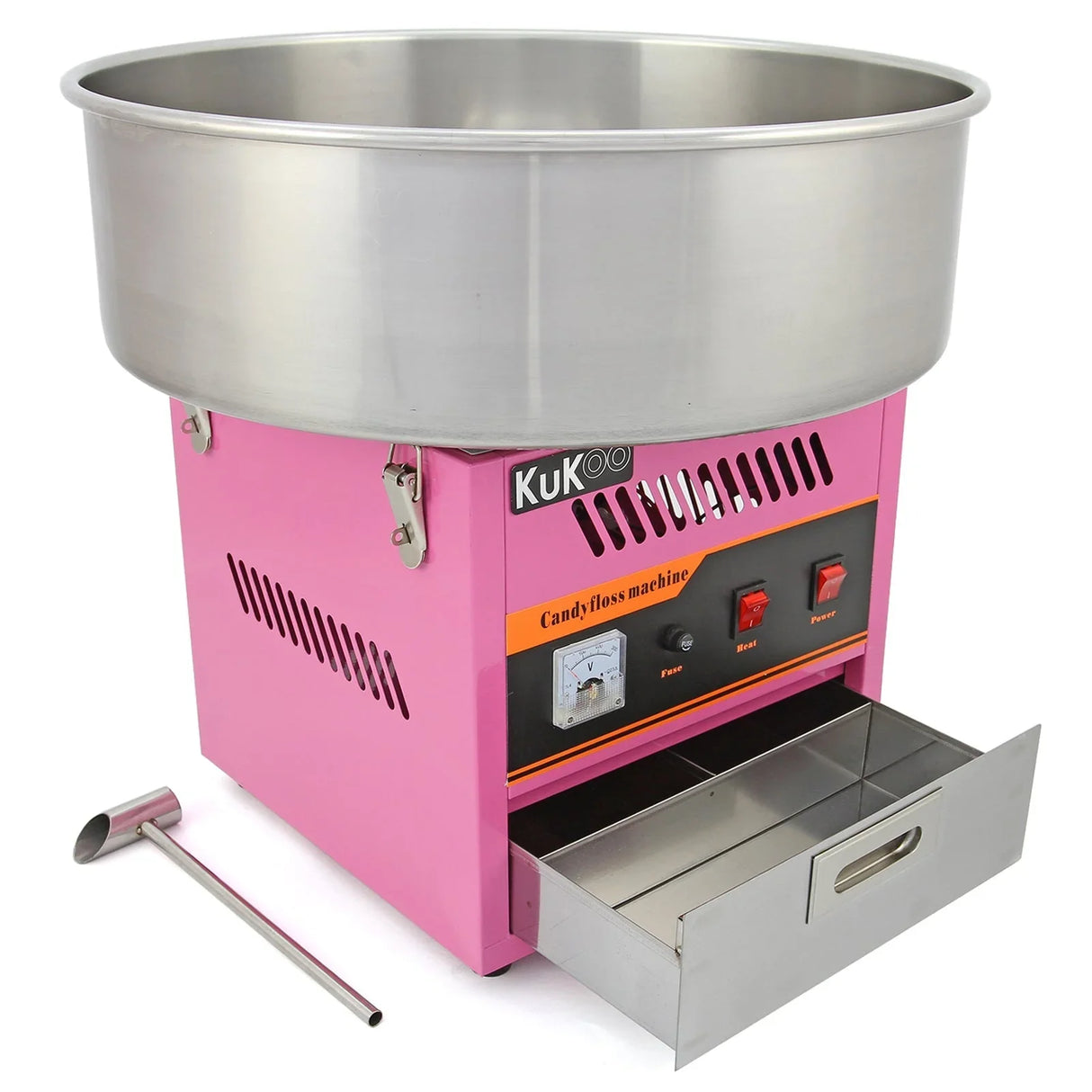 KuKoo candy floss making machine in pink with stainless steel bowl, control panel, and removable drawer for easy cleaning