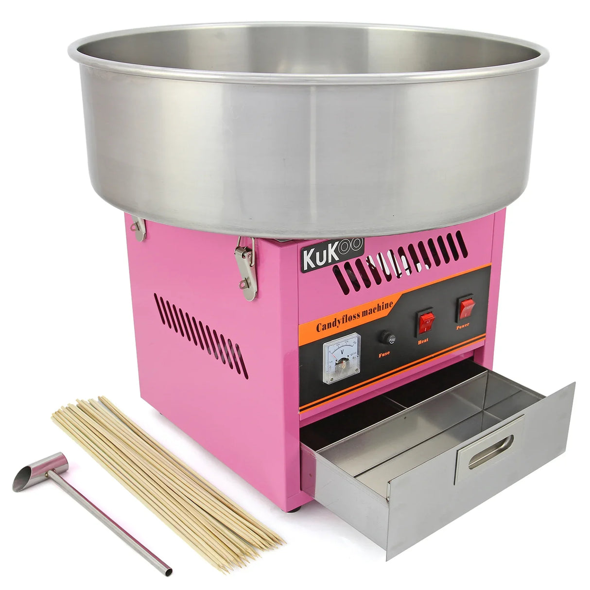 KuKoo candy floss machine in pink with stainless steel bowl, includes 500 wooden candy floss sticks and a sugar scoop