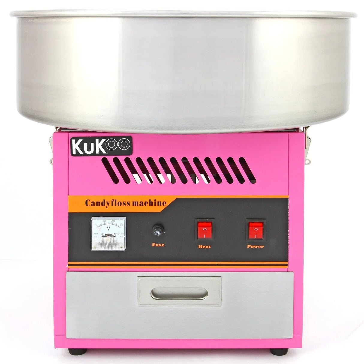 KuKoo candy floss making machine in vibrant pink with stainless steel bowl, featuring control panel and drawer for easy use
