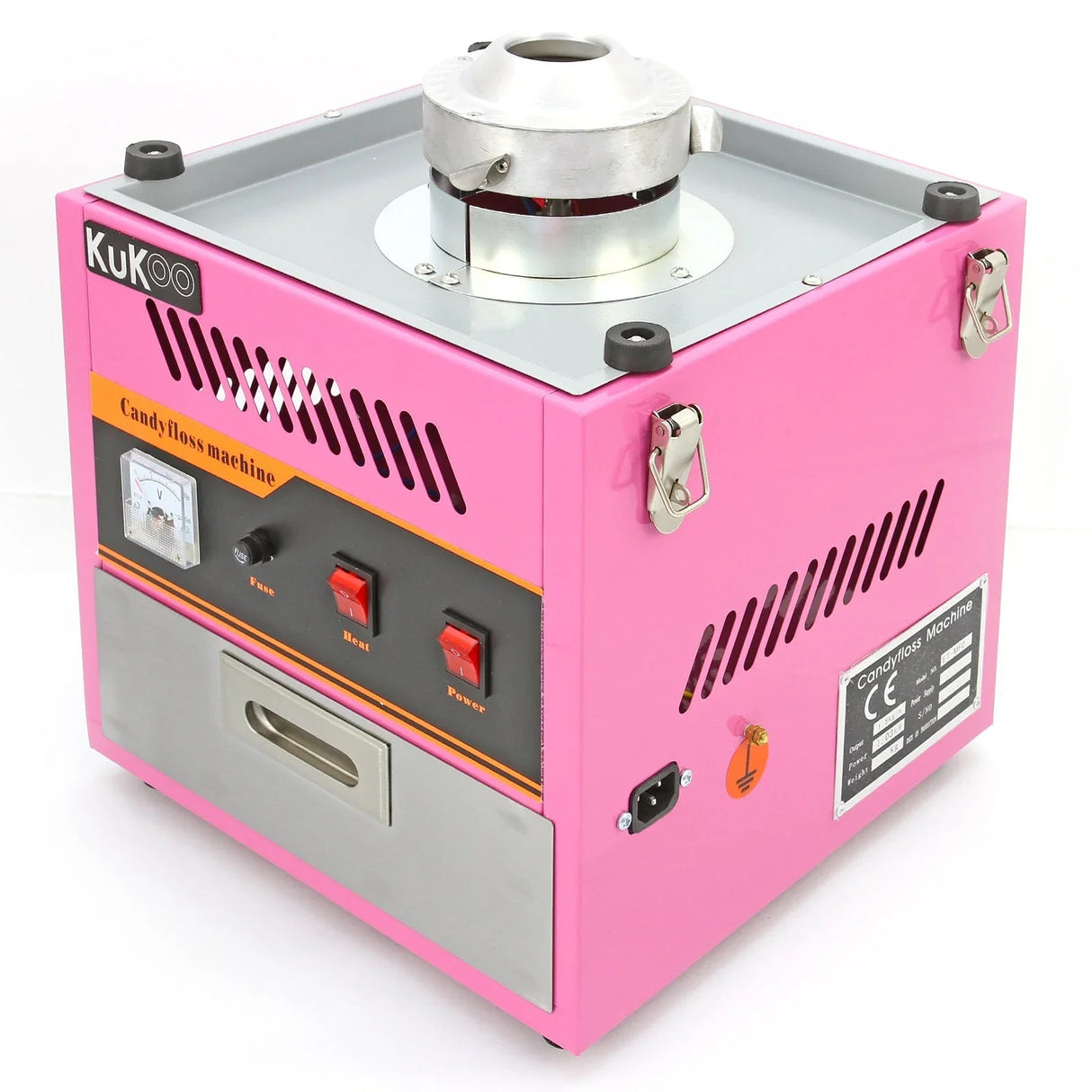 Bright pink KuKoo candy floss making machine with silver accents, featuring control buttons, a power gauge, and a sleek design