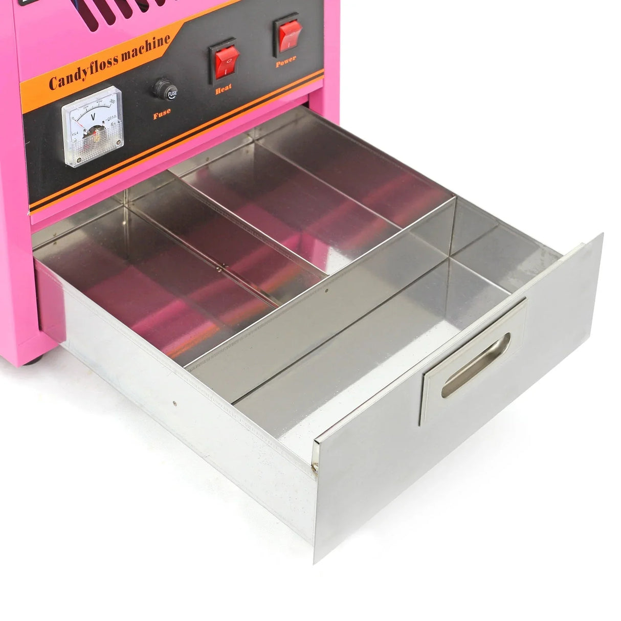 Pink KuKoo candy floss making machine with a shiny stainless steel drawer, featuring power and heat controls for easy operation
