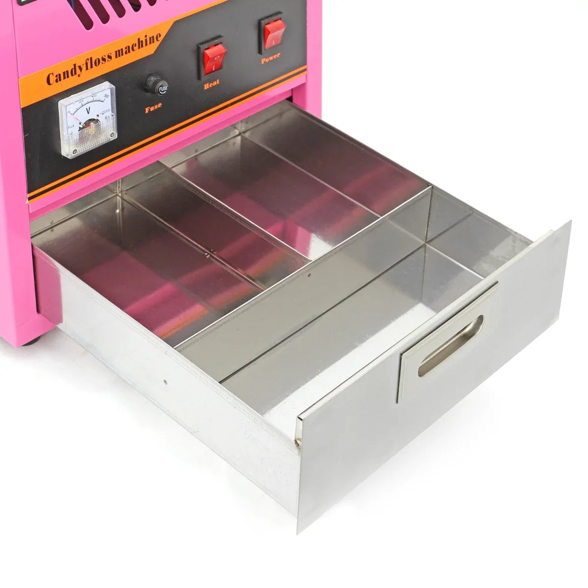 Bright pink KuKoo candy floss machine with a stainless steel drawer, featuring red control buttons and a power gauge for easy use