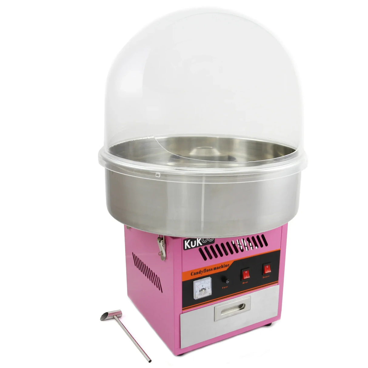 KuKoo candy floss machine in vibrant pink with stainless steel bowl and protective dome, perfect for making fluffy cotton candy