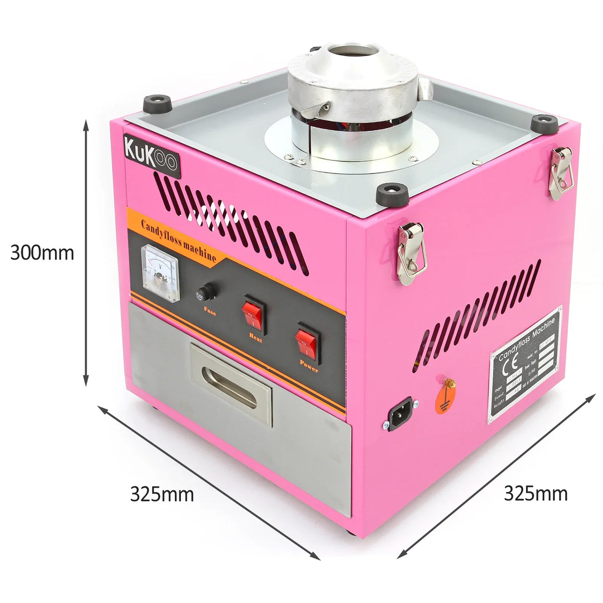 KuKoo candy floss machine in vibrant pink with stainless steel accents, featuring control buttons and a protective dome for safety