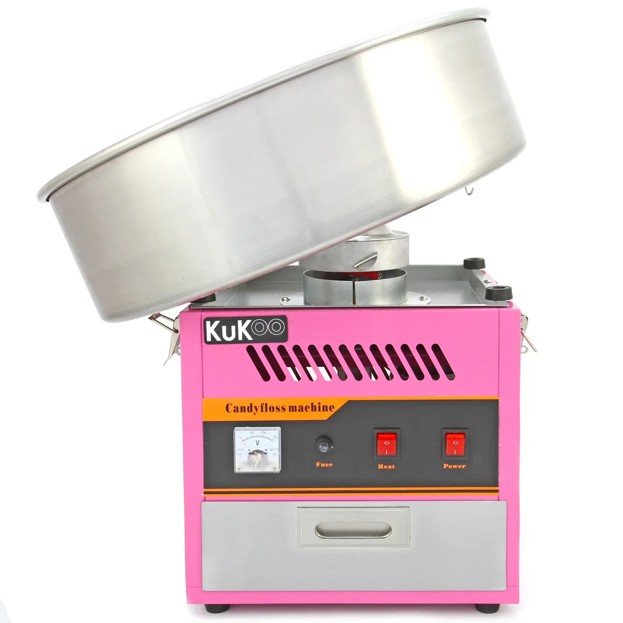 KuKoo candy floss machine in vibrant pink with a stainless steel bowl, featuring power and heat controls for easy operation