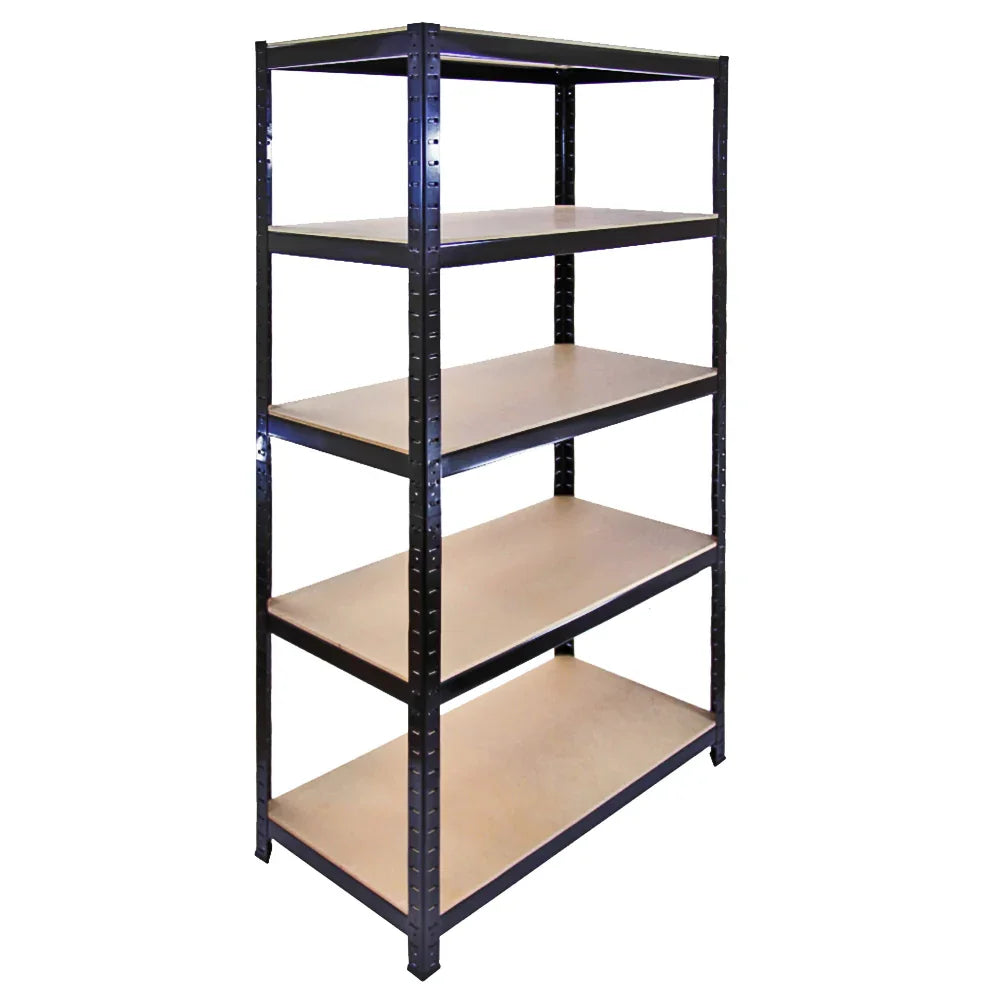 Black metal shelving unit with five sturdy shelves, measuring 90cm wide and 45cm deep, ideal for garage and warehouse storage