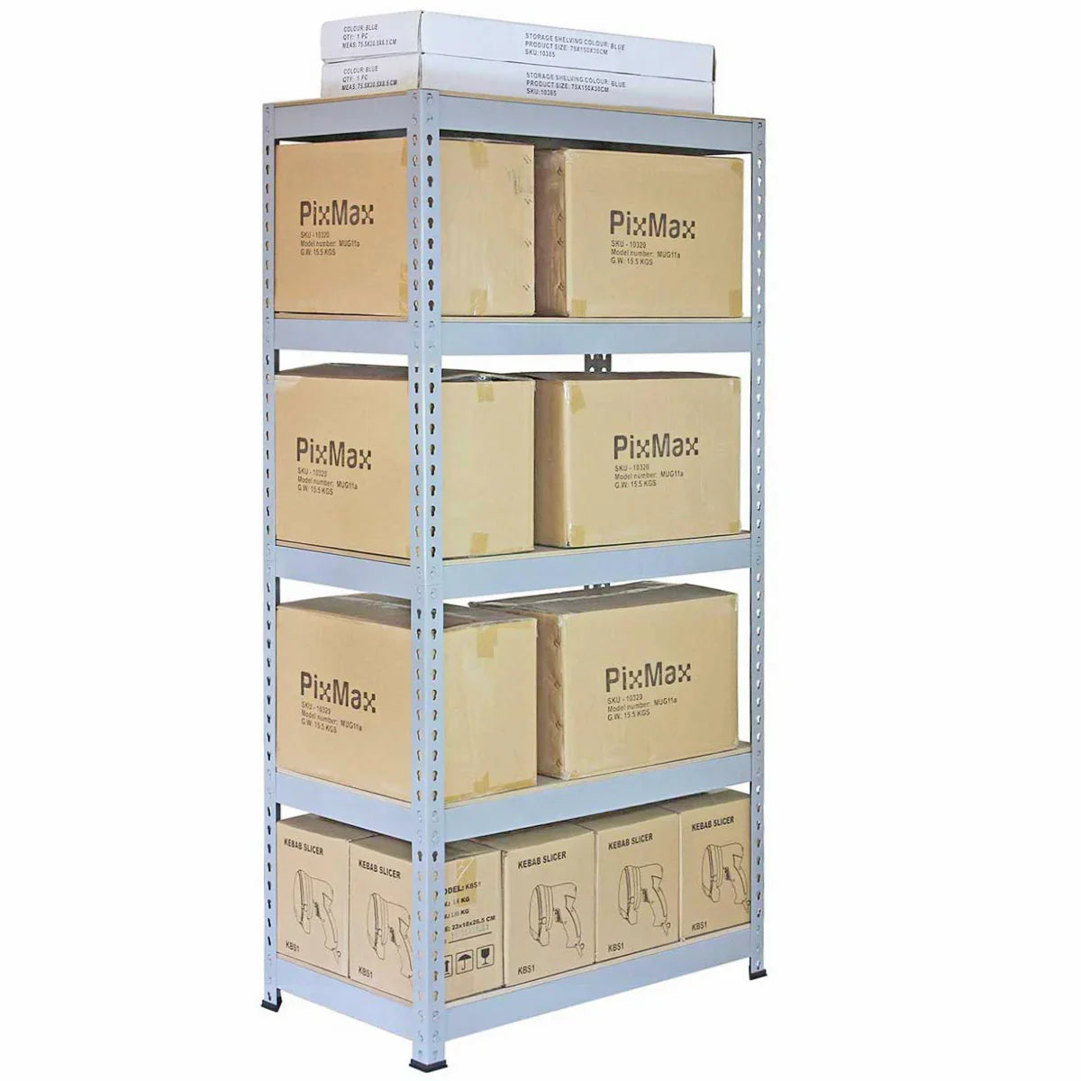 Grey metal racking unit with four shelves, holding stacked cardboard boxes, ideal for storage and organization in various...