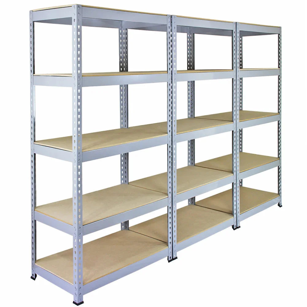 Grey metal racking units with eight sturdy shelves, measuring 90 x 50 x 180cm, perfect for storage and organization