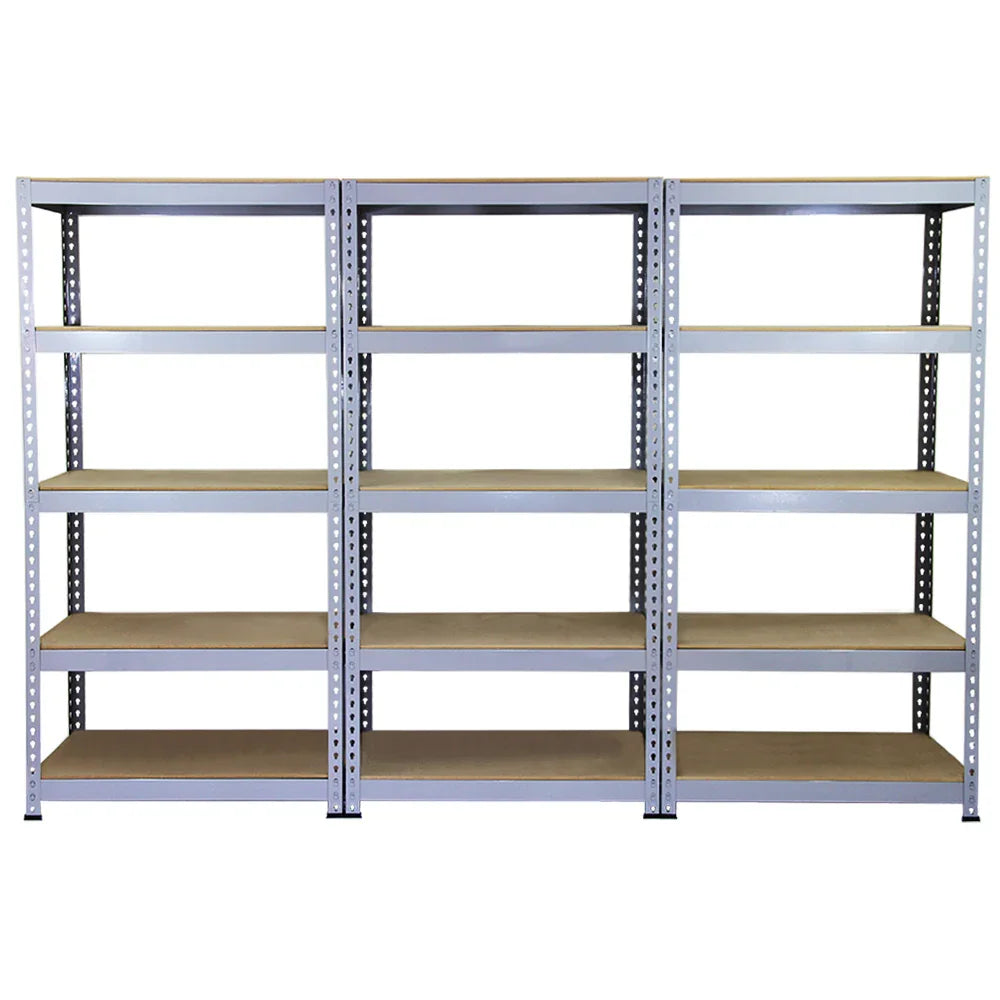 Grey metal racking units with six sturdy shelves, measuring 90 x 50 x 180cm, ideal for storage and organization