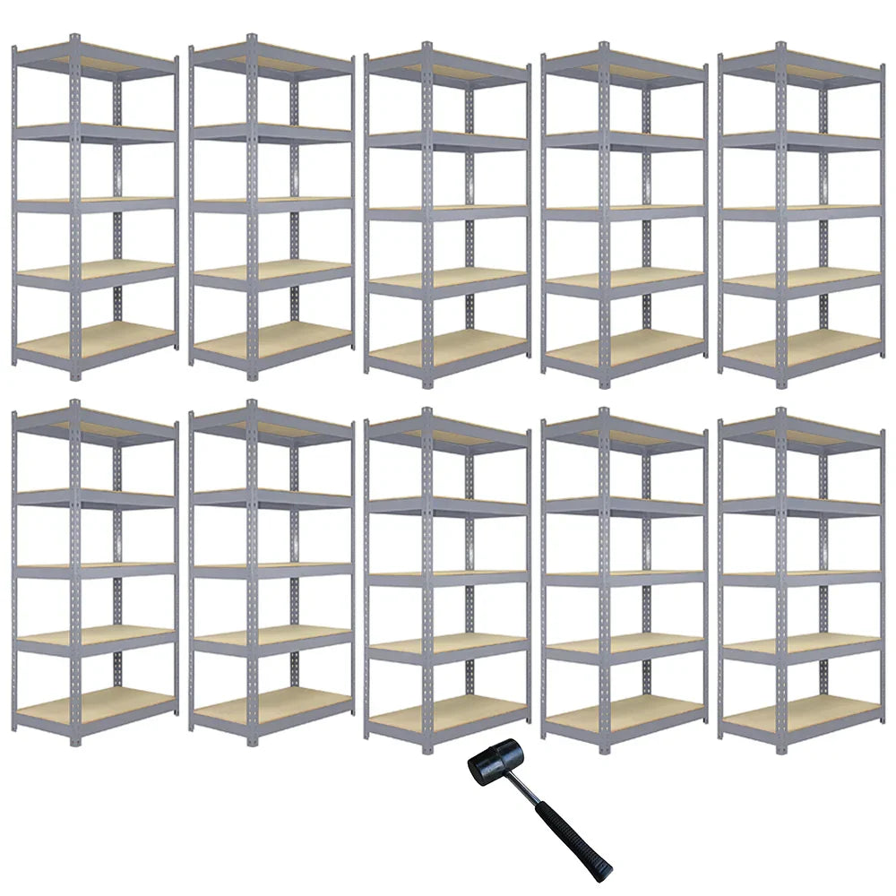 Grey metal racking units in a set of 10, featuring five shelves each, sturdy design, and a rubber mallet for assembly