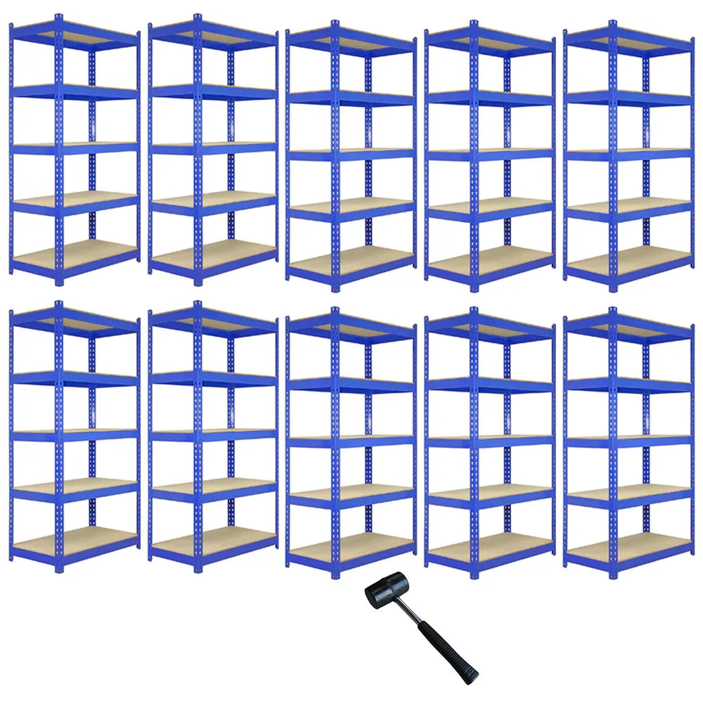 Ten blue metal racking units with wooden shelves, each measuring 120 x 50 x 180cm, arranged in a grid with a rubber mallet