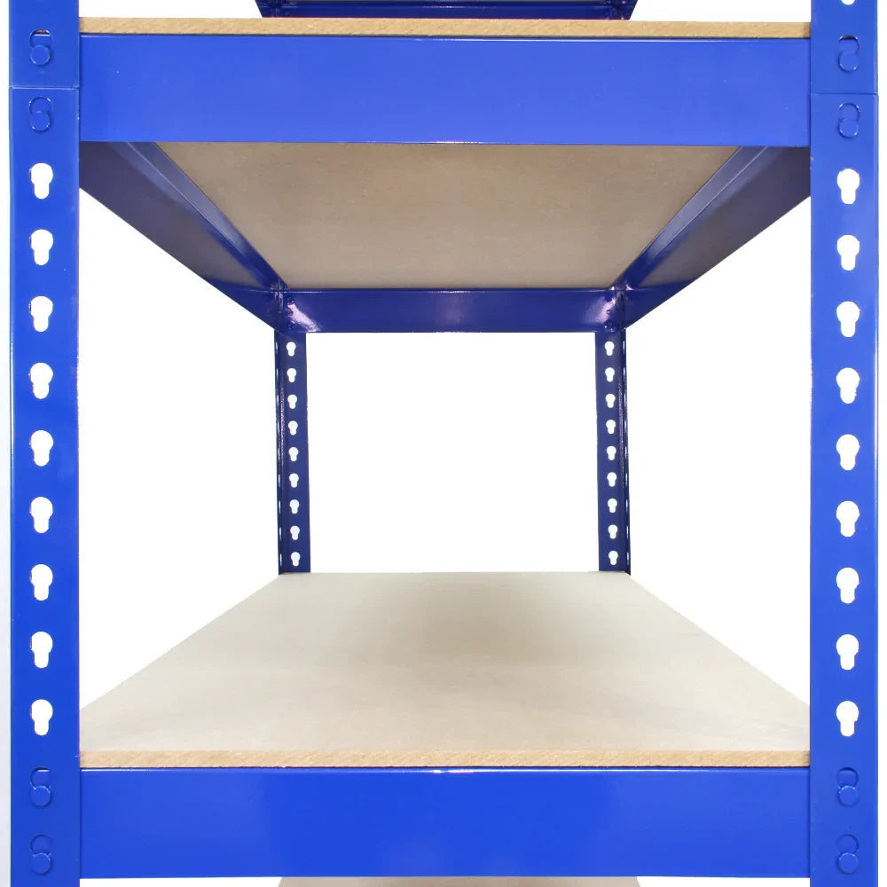 Blue metal racking unit with three shelves, featuring a sturdy design and smooth, light-colored wooden surfaces